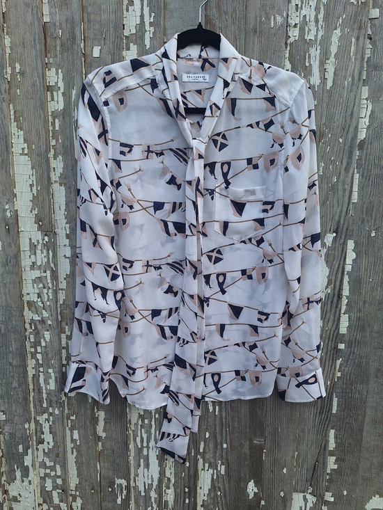 Equipment Tops - Equipment White & Navy Printed Silk Tie-Neck Blouse Size Small